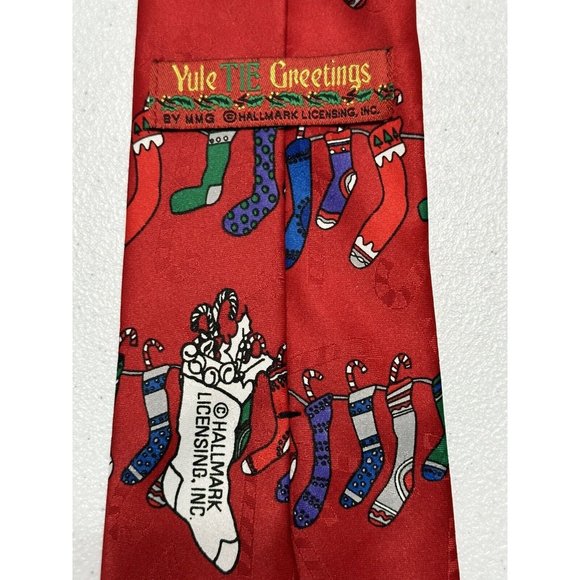 Hallmark Yule Tie Greetings Men's Vintage Christmas Santa Candy Cane Red Necktie - Picture 2 of 7